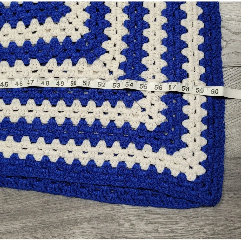 Handmade Crocheted Blanket Throw Granny Square Pattern Blue White Approx 60 x 58